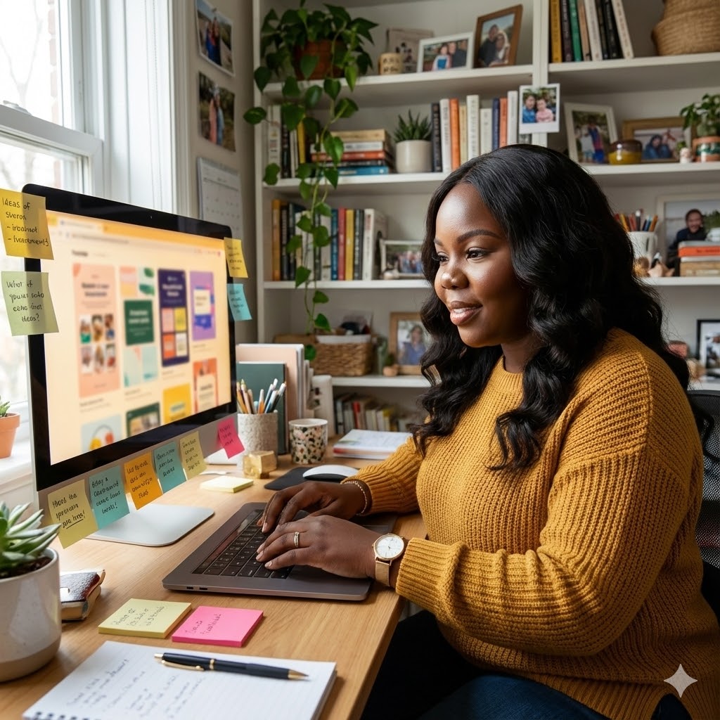 Woman working at a desk using AI tools to run her business